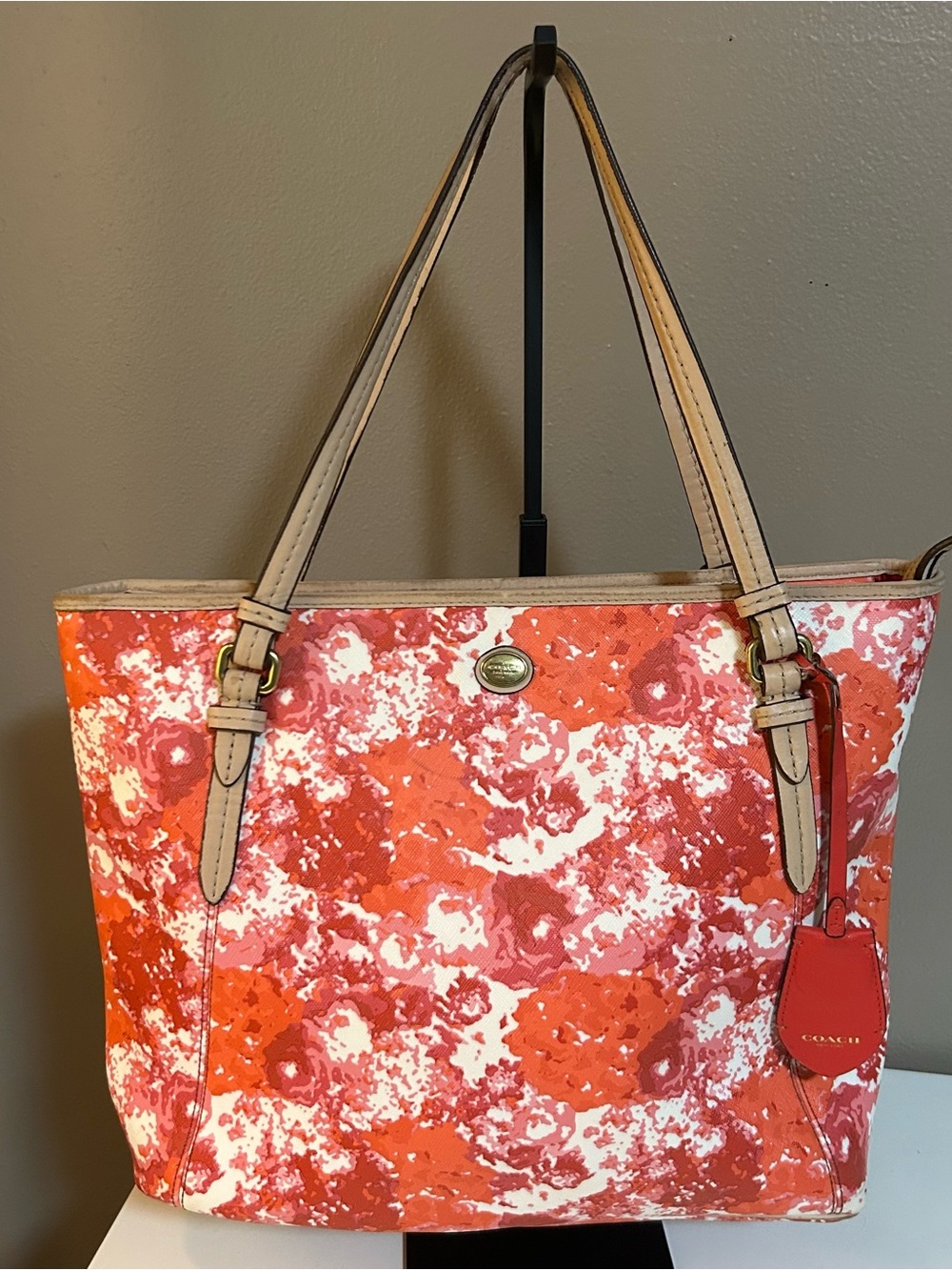 Coach Metro Floral Print Tote Bag F31314 Work Bag Travel Pink Red Double Handle